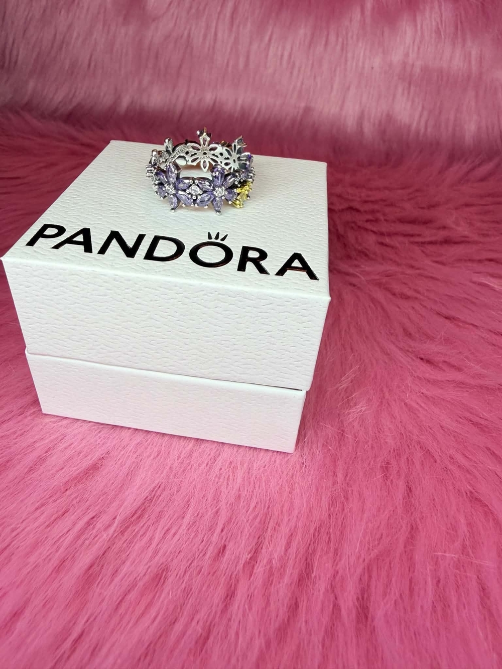Pandora Silver Floral Crown Ring with Purple and Yellow Stones